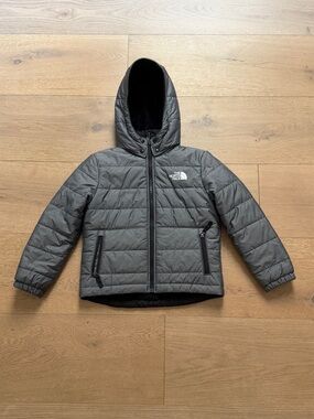 The North Face Reversible Grey Black Quilted Hooded Removable Hood Jacket Kids